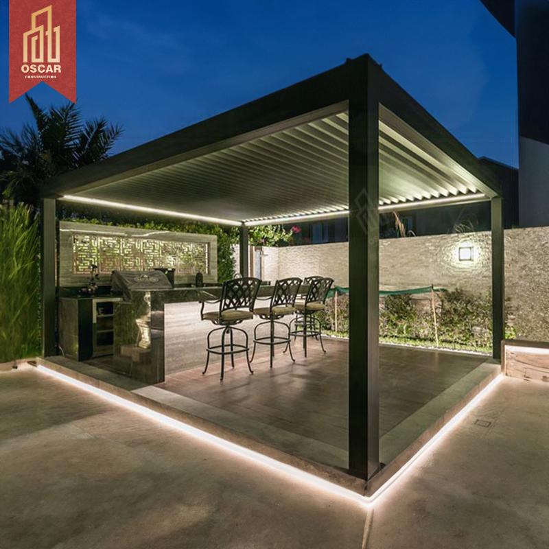Dark aluminium louvered pergola with perimeter LED lighting at night