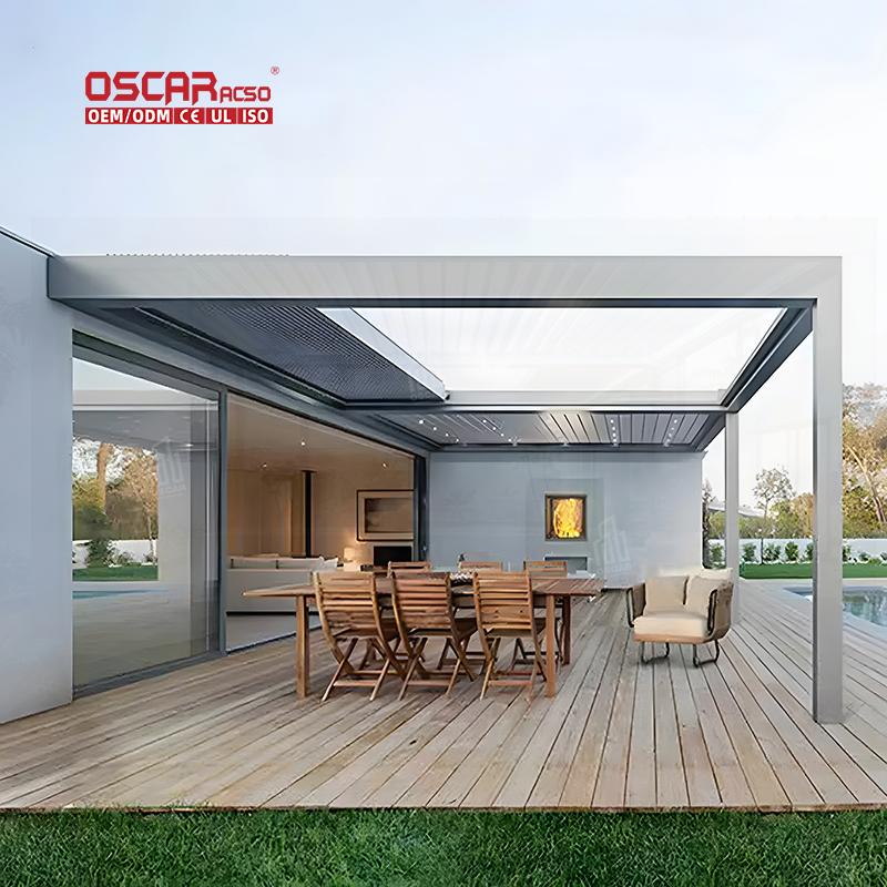 Pergola with an opening louvred roof beside a pool deck and sliding glass doors