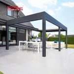 128 Motorized Aluminum Flat Roof Metal Pavilion with Curtains Outdoor Patio Garden Backyard Bioclimated Luxury Retractable Pergola
