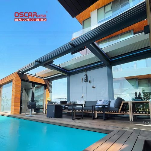 Motorized Retractable Louvered Roof Outdoor Shade Structure Garden Patio Balcony Retractable Pergola