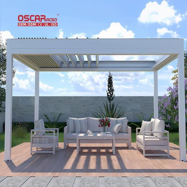 Waterproof Motorized Louvered Aluminum Pergola Gazebo with Blinds Glass Door Outdoor Garden Patio Backyard Retractable Pergola