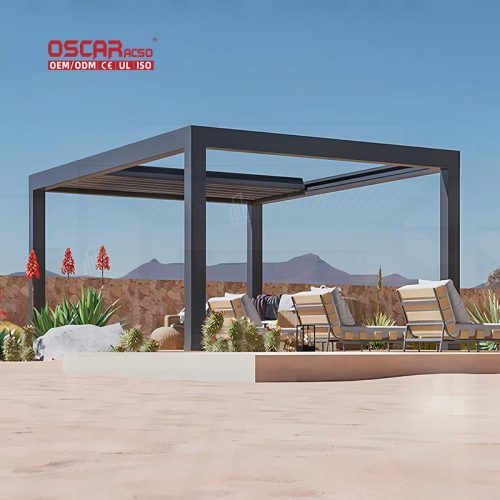 Waterproof Motorized Led Lighting Opening Louvre System Pergola with Support Posts Outdoor Patio Garden Retractable Pergola