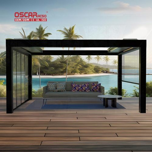 Motorized Louver Outdoor Bioclimatic Structure Garden Patio Balcony Adjustable Shading Ventilation Retractable Pergola