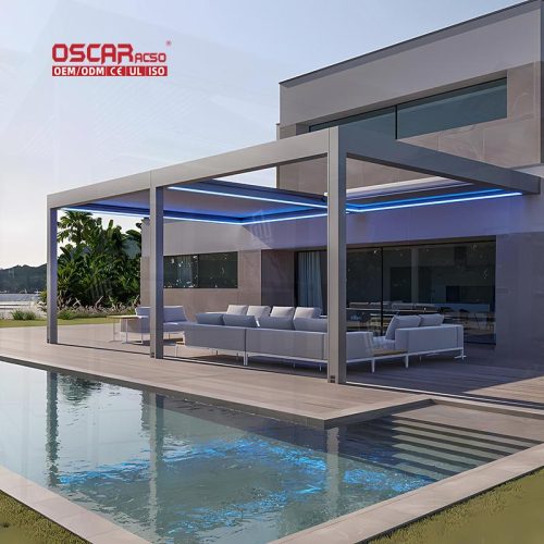 Aluminum Louver Bioclimatic Outdoor Terrace Roof with Curtain Garden Patio Balcony Retractable Pergola