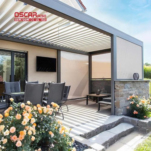 Swimming Pool Electric Waterproof Aluminum Pergola with Side Screen Modern Designs Garden Patio Backyard Retractable Pergola