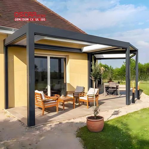 Motorized Aluminum Flat Roof Metal Pavilion Gazebo with Curtains Bioclimated Luxury Garden Patio Backyard Retractable Pergola