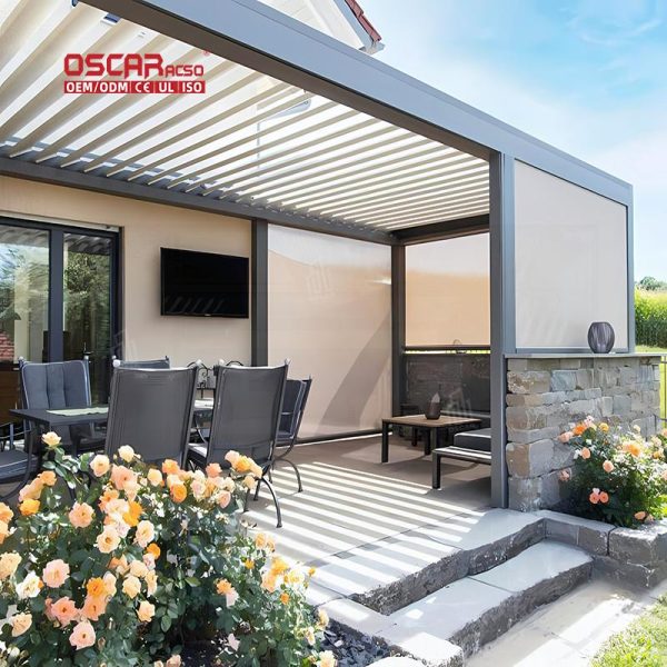 Waterproof Motorized Outdoor Solar Structure with Side Curtain Garden Patio Backyard Retractable Pergola